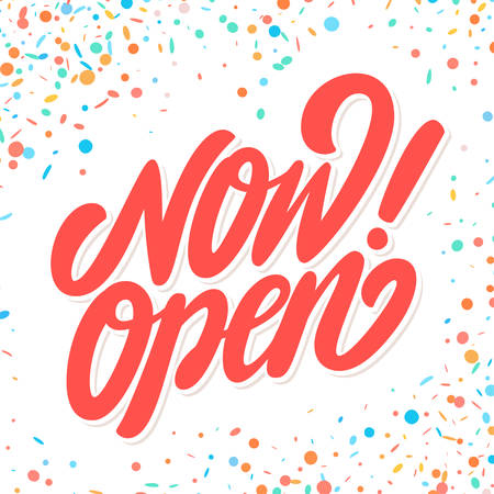 Now open sign. Vector lettering. Vector hand drawn illustration.のイラスト素材
