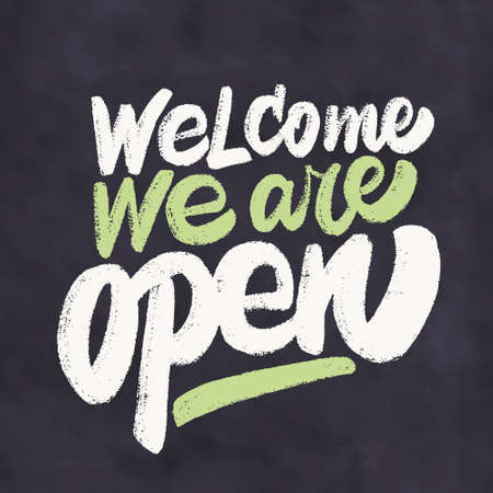 Welcome, we are open. Chalkboard sign.のイラスト素材