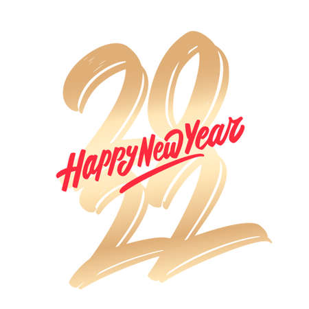 2022, Happy New Year. Vector golden foil handwritten lettering greeting card.のイラスト素材