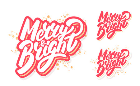 Merry and Bright. Vector Handwritten typography set.のイラスト素材