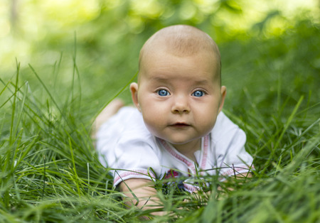 A cute little baby is lying on the green grass in the parkの写真素材