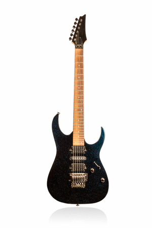 Black classic electric guitar front view isolated on white backgroundの写真素材