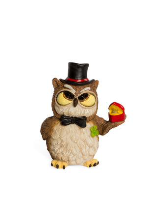 Cross-eyed owl figurine in the cylinder giving the ring in a box isolated on a white backgroundの写真素材