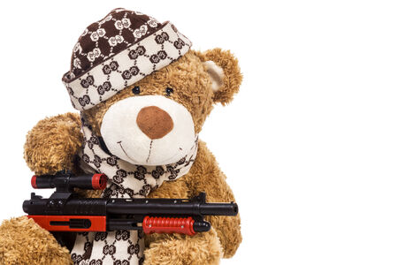 Brown teddy bear in a cap and scarf checkered with a rifle isolated on a white backgroundの写真素材