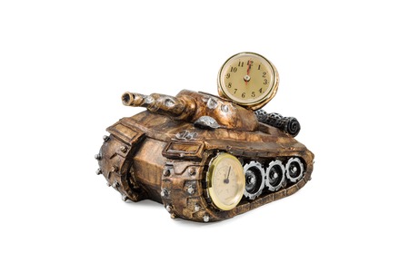 Decorative clock and thermometer in a vintage tank isolated on white backgroundの写真素材