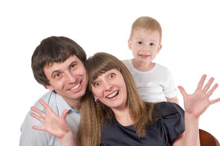 Portrait of happy family dad son and mom divorced aside privately palm isolated on white backgroundの写真素材