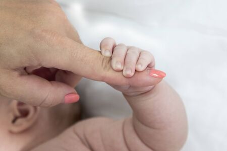 Baby hand holding a finger of his mother close-upの写真素材