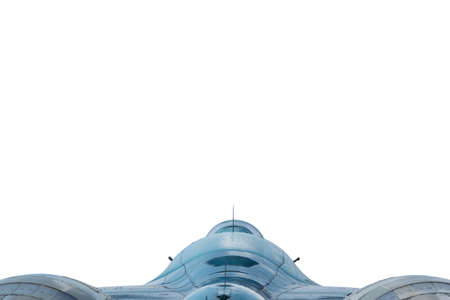 Military jet plane view of the tail close-up isolated on white backgroundの写真素材