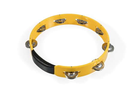 Yellow round plastic tambourine with metal plates isolated on white backgroundの写真素材