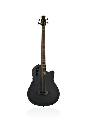 Beautiful black plastic electric guitar bass of the original form isolated on white background