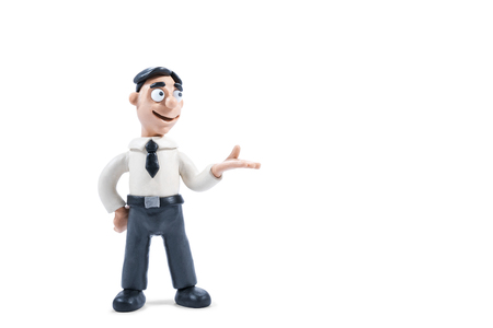 Plasticine businessman in shirt and tie has sent the hand to the side isolated on white backgroundの写真素材