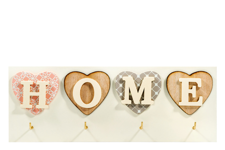 Beautiful art housekeeper with home letters in hearts isolated on white backgroundの写真素材