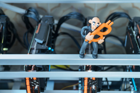 Bald plasticine man with bitcoin in his hand on a mining farmの写真素材