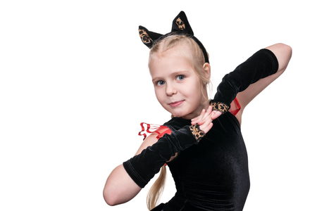 Little beautiful cute little girl in a cat costume isolated on a white backgroundの写真素材