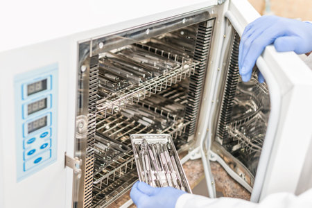 Dentist opened the door of the sterilization autoclave and loads the medical instrument