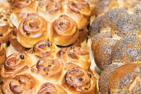 Fresh baked pastries - buns with raisins and roll with poppy seeds, as a backgroundの写真素材