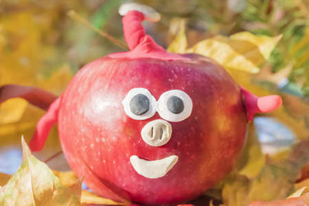 Children crafts pig from red apple and plasticine on yellow autumn leavesの写真素材