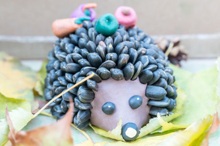 Children crafts - hedgehog from plasticine and seeds instead of needles on autumn leavesの写真素材