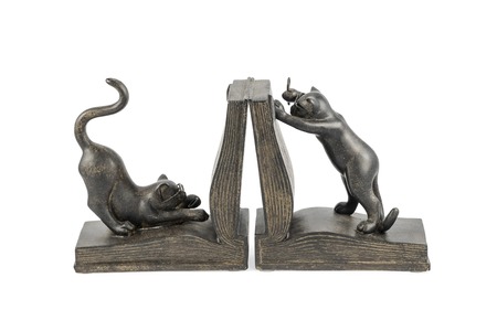 metal figurine - two cats with glasses studying books, isolated on white backgroundの写真素材