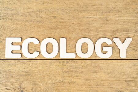 Word - ecology, laid out in wooden letters on an old wooden tableの写真素材
