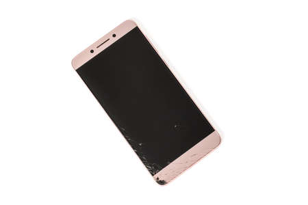 smartphone with broken screen on the corner isolated on white backgroundの写真素材