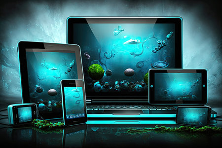 On a mirrored bare table are various gadgets with the screen forward