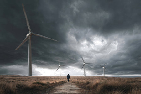 A figure walks along a narrow path in a grassy field surrounded by tall white wind turbines. The overcast sky and moody light evoke a cinematic atmosphere, blending solitude with renewable energy.の素材