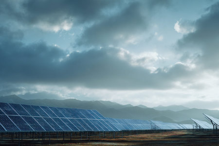 Rows of solar panels stretch across a grassy valley, facing the soft glow of the setting sun. Majestic mountains rise in the distance under a golden sky, blending sustainability with natural grandeur.の素材