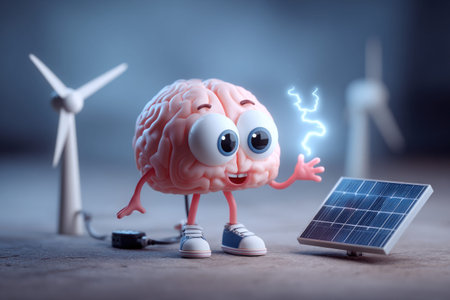 A fun and creative concept featuring a cartoon brain character standing between a miniature wind turbine and a solar panel. The brain, with big friendly eyes and wearing sneakers, holds a glowing bolt of electricity in its hand, symbolizing bright ideas, innovation, and the power generated from renewable sources.の素材