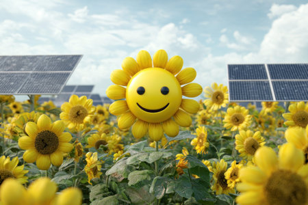 A cheerful 3D illustration of a cute sunflower character with a smiling face, standing proudly in a field of sunflowers. In the background, large solar panels harness the sun's power, creating a beautiful synergy between nature and technology. This concept represents solar energy, green power, agriculture, and a happy, sustainable future.の素材