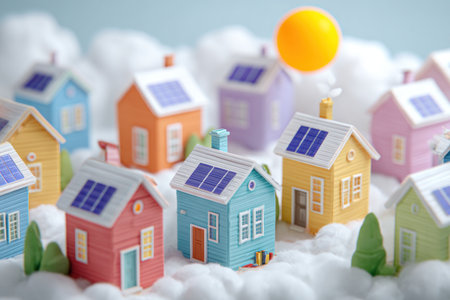 A whimsical and detailed miniature scene depicting a colorful neighborhood of toy houses resting on soft, white clouds. Each house is equipped with solar panels on its roof, drawing energy from a bright stylized sun. This charming concept illustrates sustainable living, renewable energy, the future of green real estate, and the idea of a clean, eco-friendly community powered by solar energy.の素材
