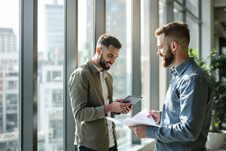 Two men are standing side by side in front of a large window, intently looking at a tablet device they are examining togetherの素材