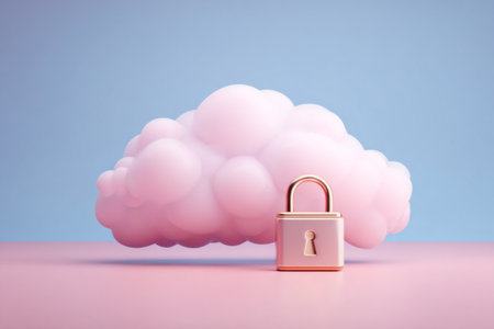A pastel pink cloud with a gold padlock in front of it on a soft gradient background, illustrating the idea of secure data storage and protection in cloud computing.の素材
