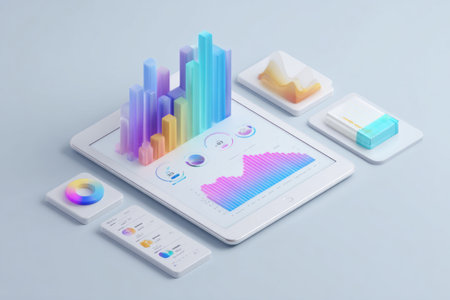 A tablet and smartphone showcase various interactive 3D data dashboards featuring bar charts, pie charts, and line graphs. Additional floating panels emphasize analytics and modern business insights.の素材