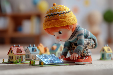 A young child in a yellow hat interacts with a miniature solar panel surrounded by model houses. The glowing panel and tiny details evoke themes of sustainable energy, curiosity, and educational play.の素材