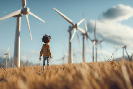 A young figure in a red jacket stands amid tall yellow grass, gazing at a line of wind turbines stretching across the open landscape. The wide sky and soft clouds create a serene, symbolic scene.の素材