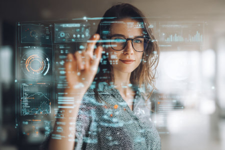 A person uses a transparent interface filled with data charts and analytics. This futuristic image represents high-tech interaction, digital evolution, and intelligent visual communication.の素材