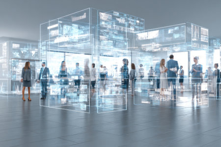 A modern business scene where people engage in conversation surrounded by transparent holographic screens displaying data and analytics. The setting suggests high-tech collaboration and innovation.の素材