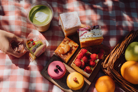 A vibrant picnic spread on a checkered cloth features cakes with berries and powdered sugar, fruit sandwiches, a matcha latte with latte art, macarons, strawberries, and a basket of citrus fruits.の素材