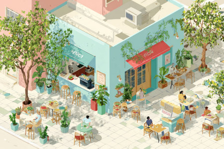 A lively urban cafe scene features two side - by-side spots - one turquoise cafe with bar seating and another red - awning vegan bistro. Surrounded by lush plants, the scene feels cozy and vibrant.の素材