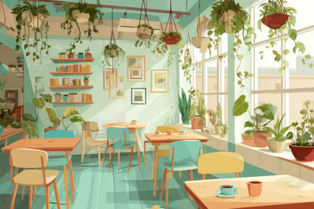 A bright and cozy cafe features teal walls, natural wood tables and chairs in soft hues, large windows letting in sunlight, and lush potted plants. Framed art and shelves add a personal, homey feel.の素材