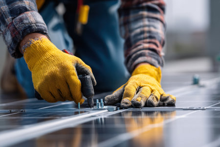 Close-up of a person in yellow gloves and plaid shirt using a power drill to install a solar panel. The image captures the precision and hands-on skill involved in clean energy infrastructure.の素材