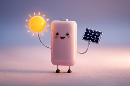 A charming and cute 3D render of an anthropomorphic battery character. The pink, smiling battery stands on a soft surface against a pastel gradient background. It holds a glowing cartoon sun in one hand and a miniature solar panel in the other, perfectly illustrating the concept of capturing and storing solar energy.の素材