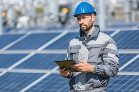 An engineer wearing a blue hard hat and gray work uniform holds a tablet beside rows of solar panels. The scene captures modern field inspection and digital diagnostics in solar energy systems.の素材