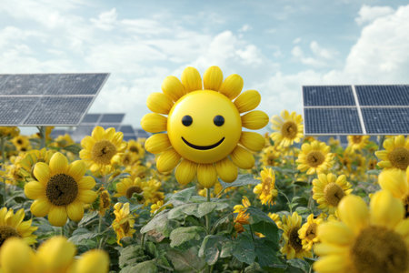 A cheerful 3D illustration of a cute sunflower character with a smiling face, standing proudly in a field of sunflowers. In the background, large solar panels harness the sun's power, creating a beautiful synergy between nature and technology. This concept represents solar energy, green power, agriculture, and a happy, sustainable future.の素材