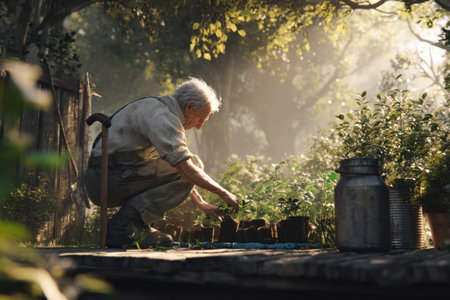 An elderly man with grey hair carefully tends to young plant seedlings in small soil blocks outdoors. Golden sunlight filters through lush green foliage, creating a peaceful, natural gardening scene.の写真素材