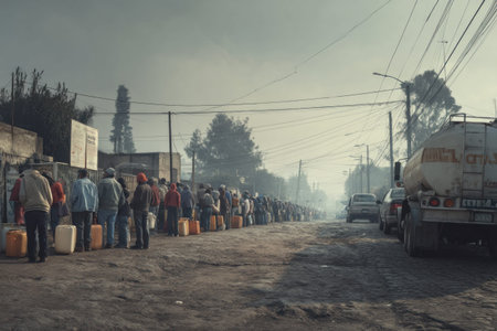 A long line of people patiently wait with containers on a dusty, unpaved road under a hazy sky,...