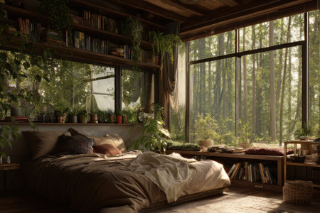 A tranquil bedroom blending rustic design with lush greenery and a stunning forest view. Natural light fills the cozy, plant-filled space, creating a peaceful sanctuary.の写真素材