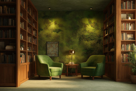 An inviting interior shot of a sophisticated reading nook featuring two plush green armchairs, a side table with a lamp, and extensive wooden bookshelves flanking a unique textured moss wall, creating a serene and natural ambiance.の写真素材