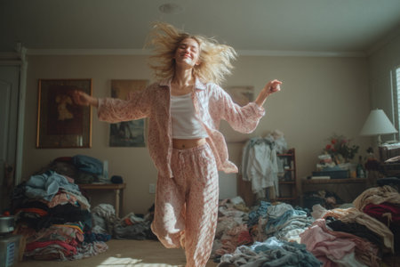 A happy young woman with blonde hair, wearing pajamas, dances playfully with closed eyes in a...